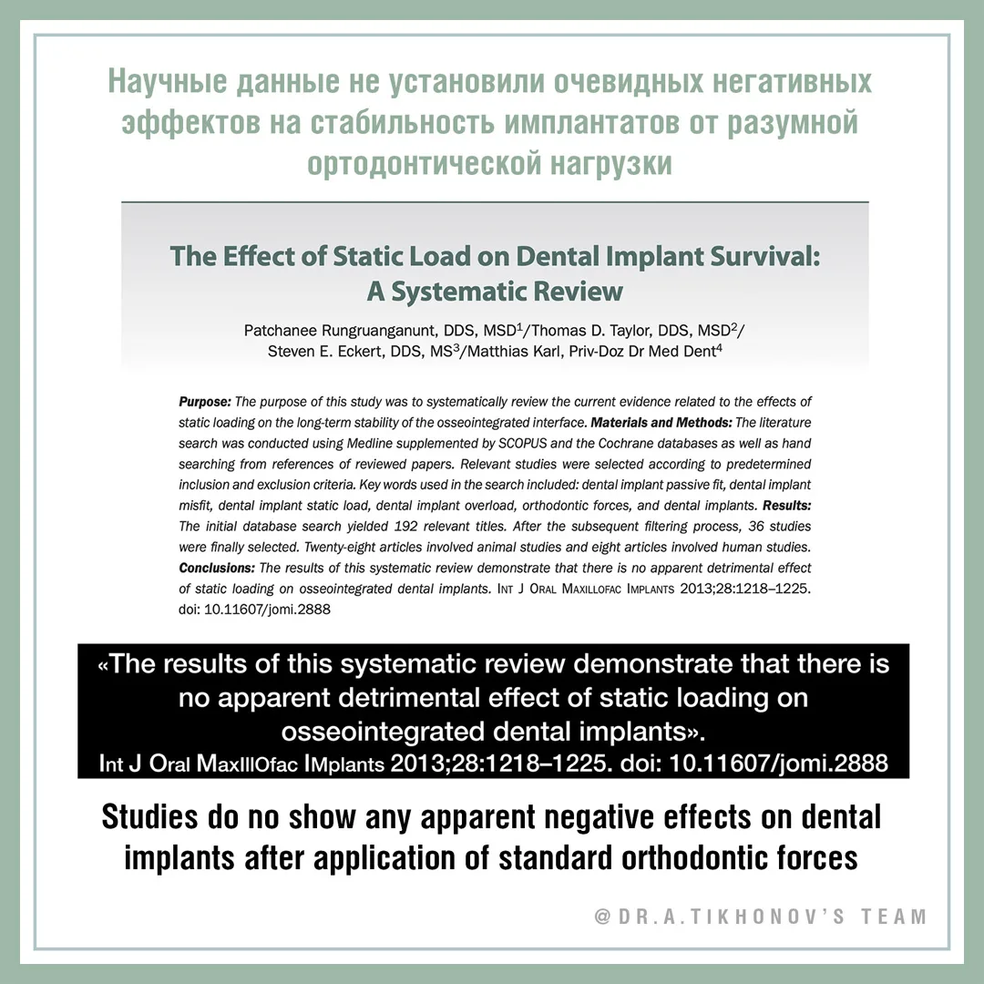 Научные данные не установили очевидных негативных эффектов на стабильность имплантантов от разумной ортодентической нагрузки